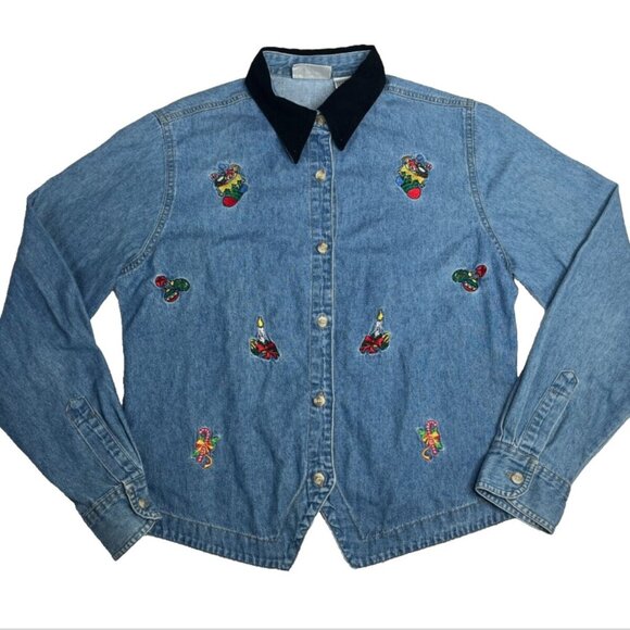 Bill Blass Denim Button Down Velvet Embroidered Christmas Kitschy Womens Sz M - Picture 1 of 8